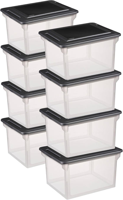 File Box Tote with Lids for Letter and Legal Folders, 8-Pack | Stackable Plastic Document Storage and Paper Organizer for Home, Office, Desk, and Dorm Organization