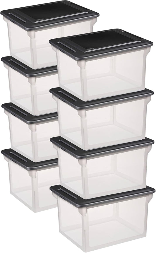 File Box Tote with Lids for Letter and Legal Folders, 8-Pack | Stackable Plastic Document Storage and Paper Organizer for Home, Office, Desk, and Dorm Organization