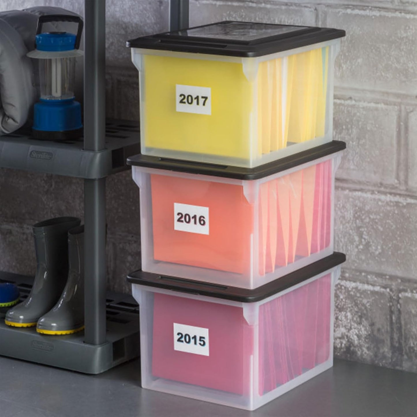 File Box Tote with Lids for Letter and Legal Folders, 8-Pack | Stackable Plastic Document Storage and Paper Organizer for Home, Office, Desk, and Dorm Organization