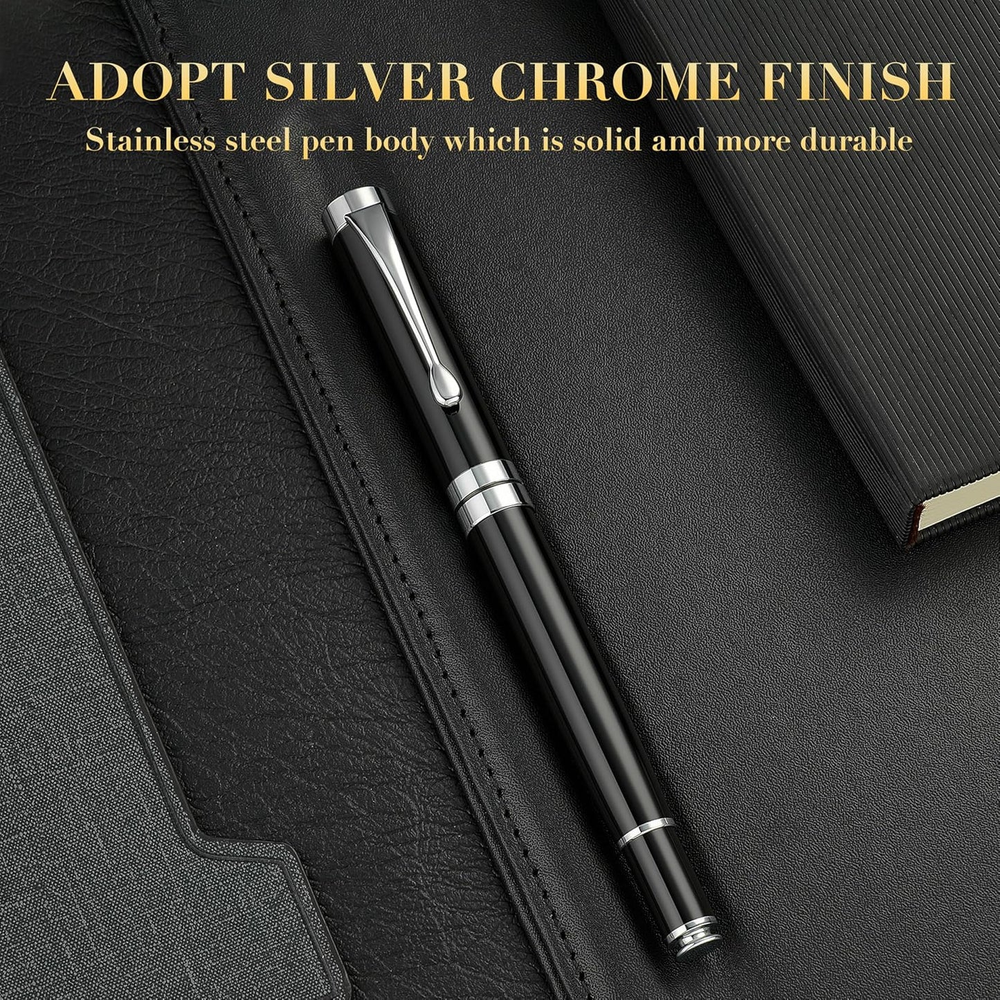 BEILUNER Ballpoint Pens, Stunning Black Chrome Metal Pen with Golden Trim, Best Ball Pen Gift Set for Men & Women, Professional, Executive, Office, Nice Pens-Gift Box with 0.5mm Black Extra Refill
