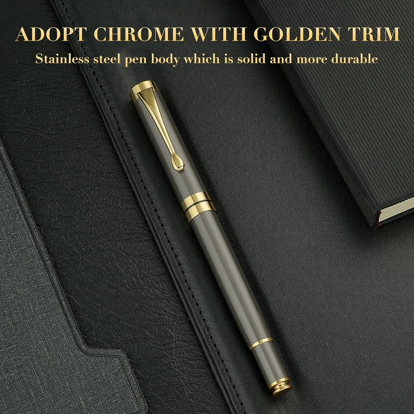 BEILUNER Ballpoint Pens, Stunning Black Chrome Metal Pen with Golden Trim, Best Ball Pen Gift Set for Men & Women, Professional, Executive, Office, Nice Pens-Gift Box with 0.5mm Black Extra Refill