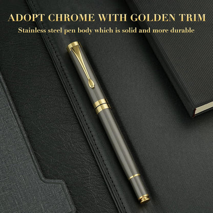 BEILUNER Ballpoint Pens, Stunning Black Chrome Metal Pen with Golden Trim, Best Ball Pen Gift Set for Men & Women, Professional, Executive, Office, Nice Pens-Gift Box with 0.5mm Black Extra Refill