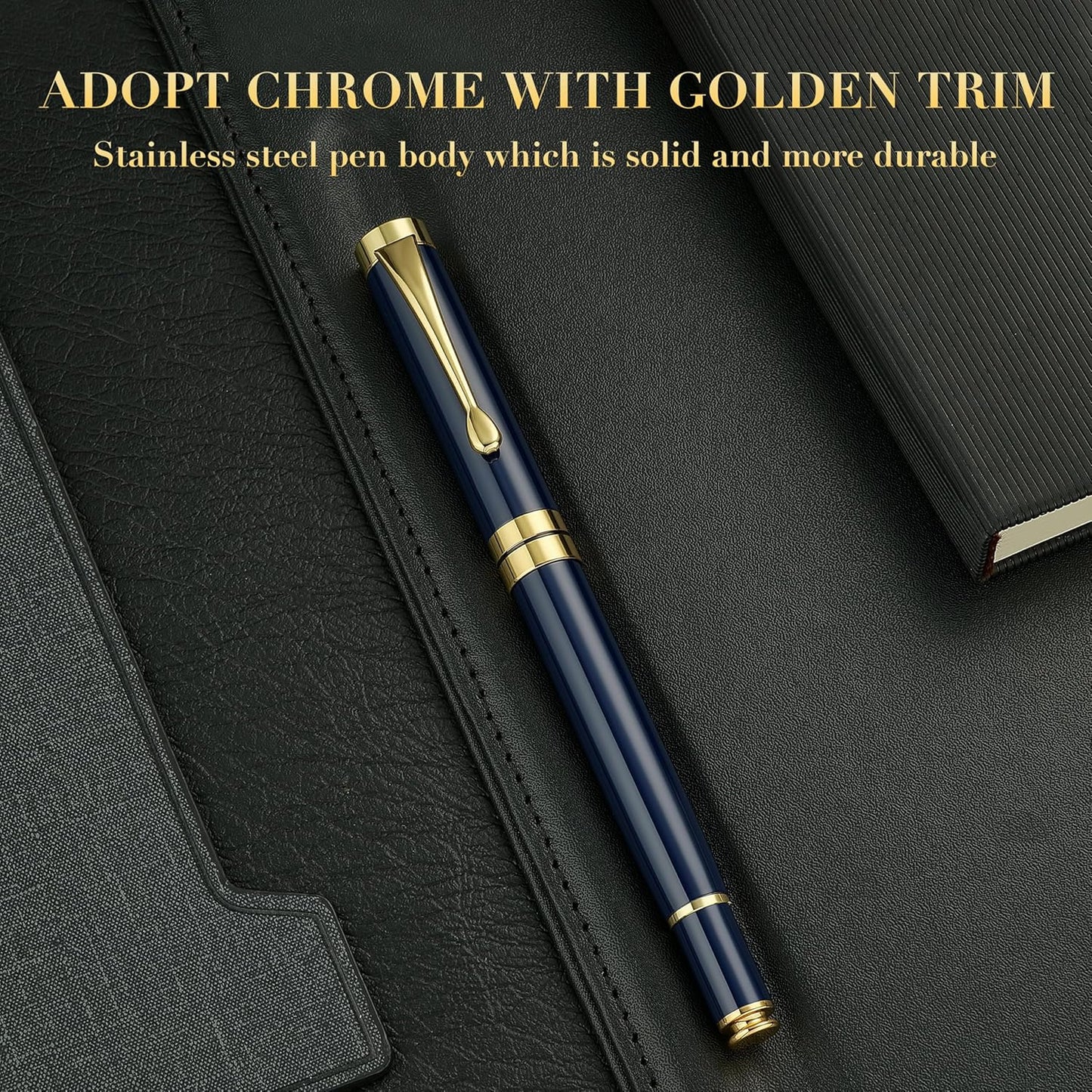 BEILUNER Ballpoint Pens, Stunning Black Chrome Metal Pen with Golden Trim, Best Ball Pen Gift Set for Men & Women, Professional, Executive, Office, Nice Pens-Gift Box with 0.5mm Black Extra Refill