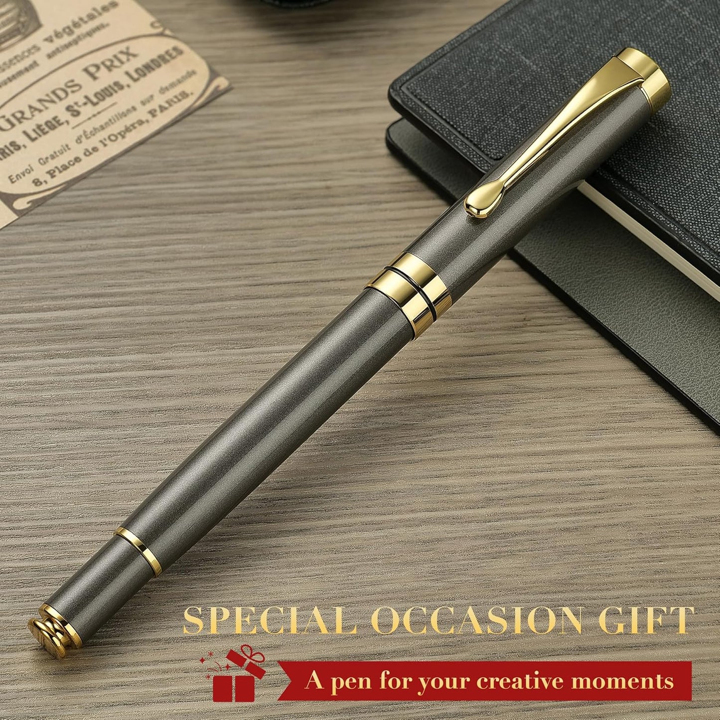 BEILUNER Ballpoint Pens, Stunning Black Chrome Metal Pen with Golden Trim, Best Ball Pen Gift Set for Men & Women, Professional, Executive, Office, Nice Pens-Gift Box with 0.5mm Black Extra Refill