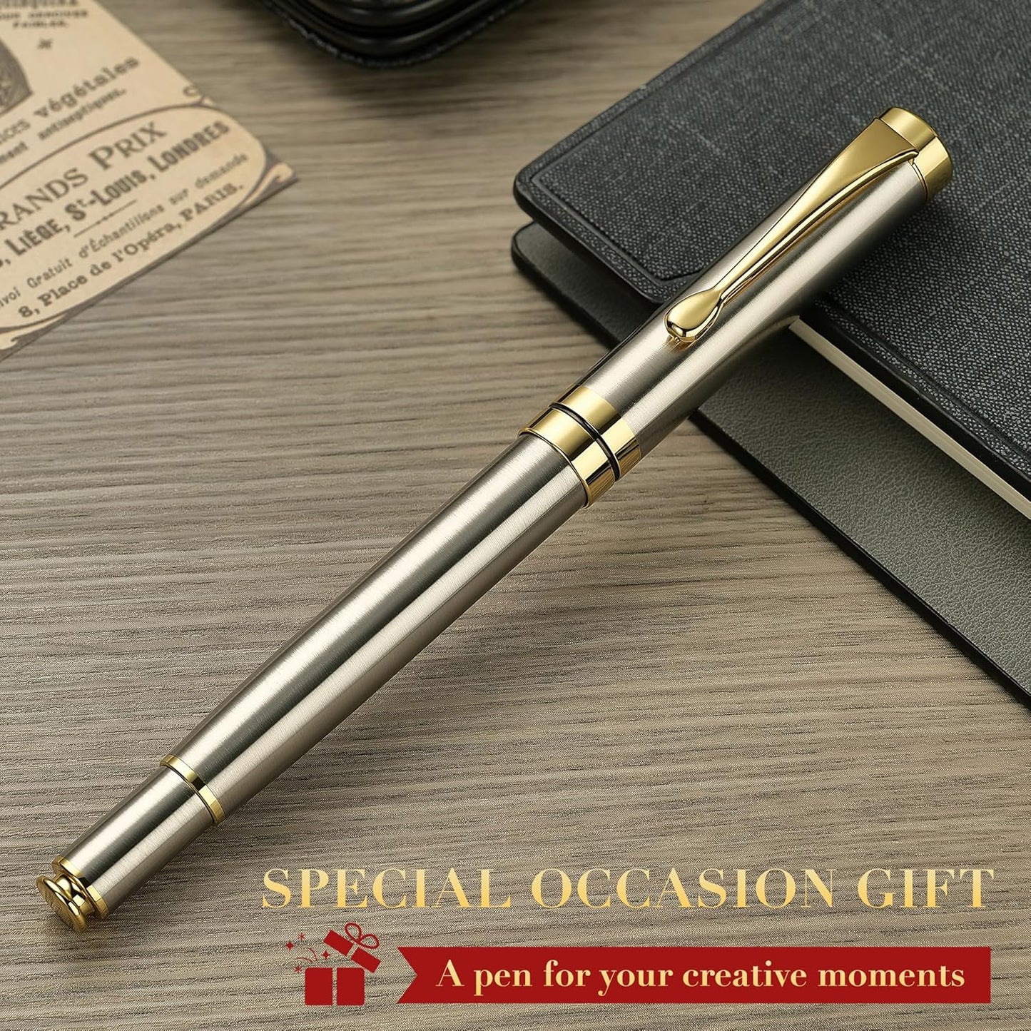 BEILUNER Ballpoint Pens, Stunning Black Chrome Metal Pen with Golden Trim, Best Ball Pen Gift Set for Men & Women, Professional, Executive, Office, Nice Pens-Gift Box with 0.5mm Black Extra Refill