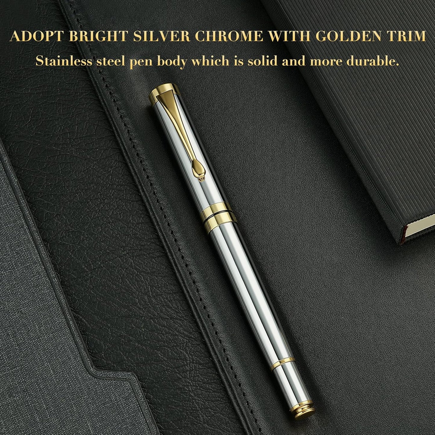 BEILUNER Ballpoint Pens, Stunning Black Chrome Metal Pen with Golden Trim, Best Ball Pen Gift Set for Men & Women, Professional, Executive, Office, Nice Pens-Gift Box with 0.5mm Black Extra Refill