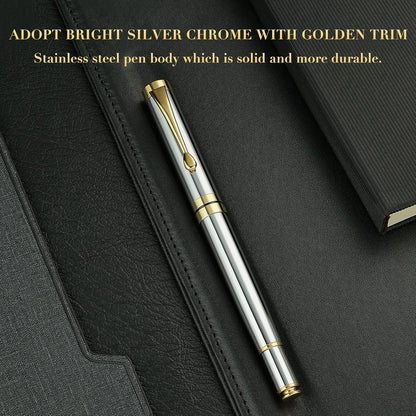 BEILUNER Ballpoint Pens, Stunning Black Chrome Metal Pen with Golden Trim, Best Ball Pen Gift Set for Men & Women, Professional, Executive, Office, Nice Pens-Gift Box with 0.5mm Black Extra Refill