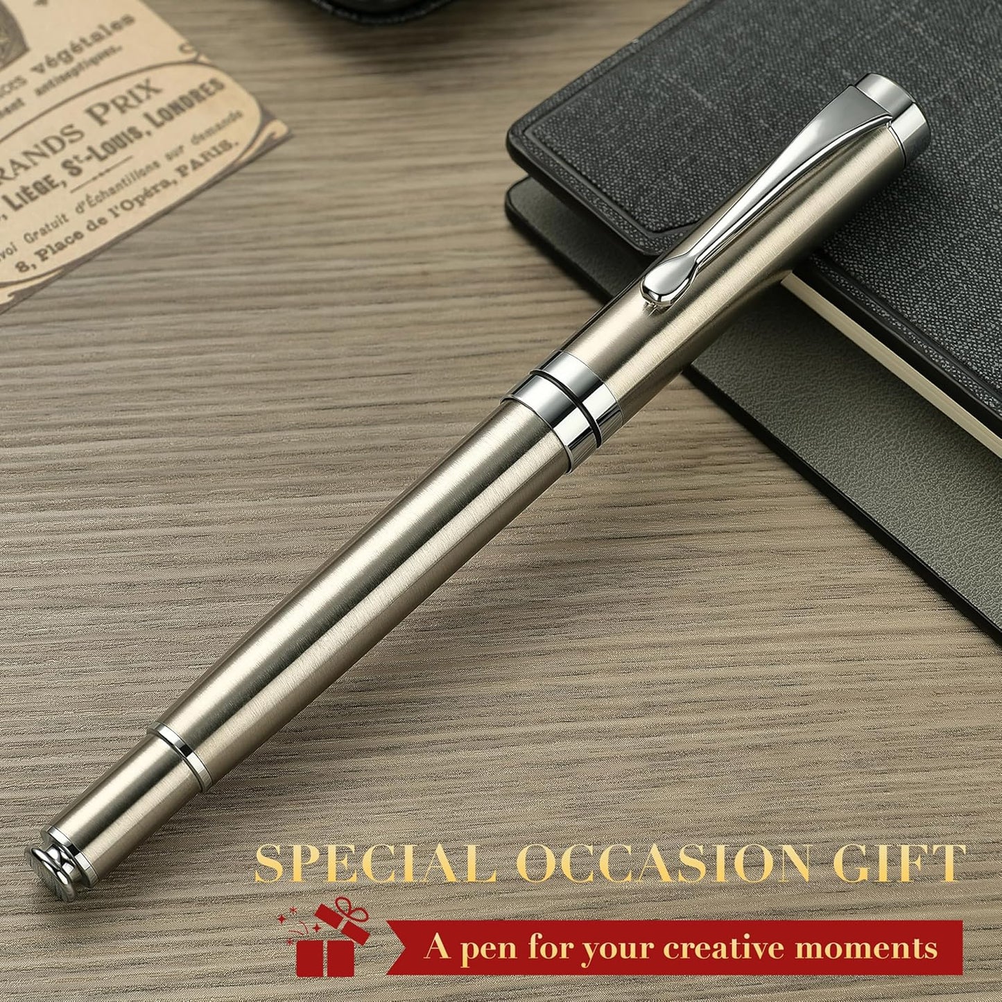BEILUNER Ballpoint Pens, Stunning Black Chrome Metal Pen with Golden Trim, Best Ball Pen Gift Set for Men & Women, Professional, Executive, Office, Nice Pens-Gift Box with 0.5mm Black Extra Refill
