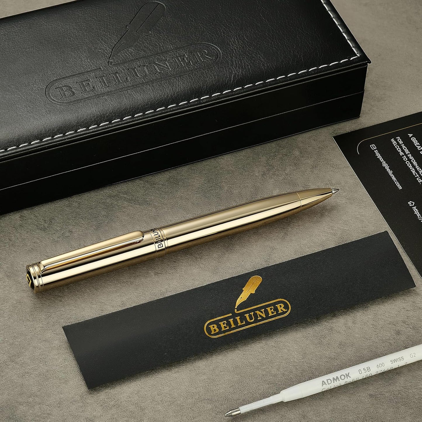 BEILUNER Luxury Gel Pen with 24K Gold Finish, Black Piano Lacquer, Luxury Grade Craftsmanship, Best Pen Gift Set for Men and Women, Professional, Executive, Office, Retractable Nice Pens