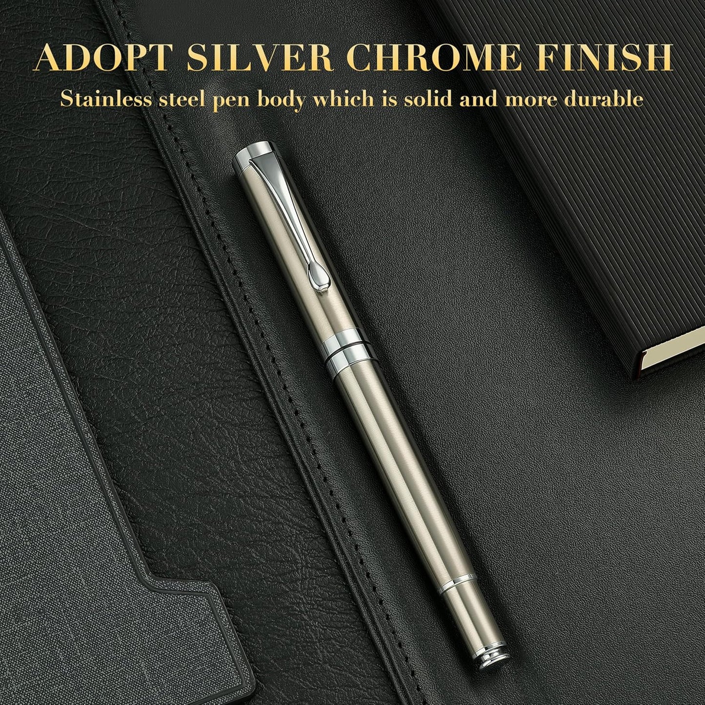 BEILUNER Ballpoint Pens, Stunning Black Chrome Metal Pen with Golden Trim, Best Ball Pen Gift Set for Men & Women, Professional, Executive, Office, Nice Pens-Gift Box with 0.5mm Black Extra Refill