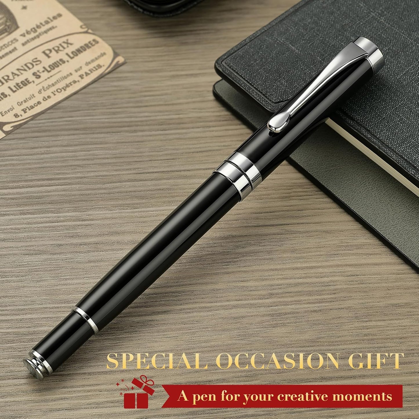 BEILUNER Ballpoint Pens, Stunning Black Chrome Metal Pen with Golden Trim, Best Ball Pen Gift Set for Men & Women, Professional, Executive, Office, Nice Pens-Gift Box with 0.5mm Black Extra Refill