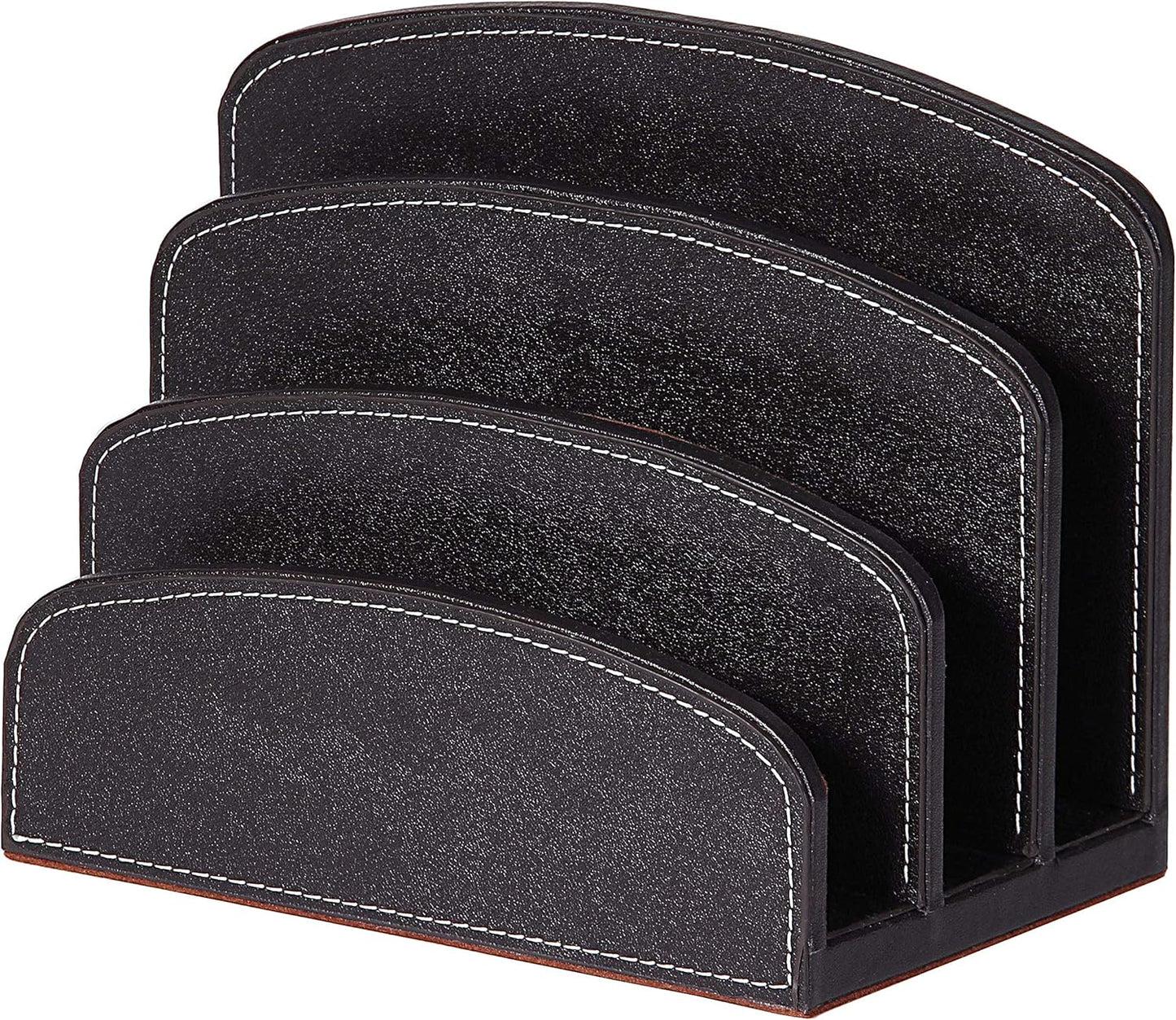 OSCO Black Faux Leather Letter Holder | Mail Sorter | Post Rack | Envelope Organiser | Document Stand | Desk File Storage | Display Slots | H14 x W17.5 D10 cm |