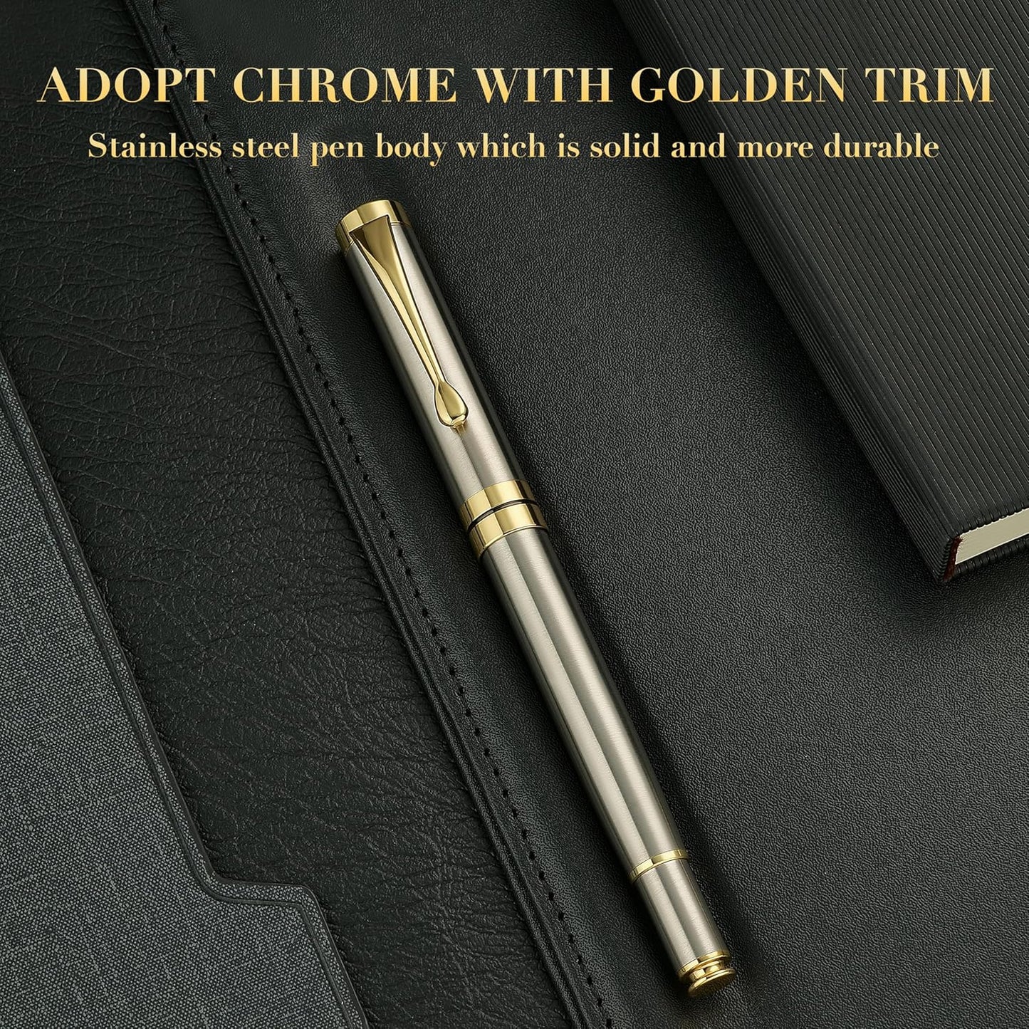 BEILUNER Ballpoint Pens, Stunning Black Chrome Metal Pen with Golden Trim, Best Ball Pen Gift Set for Men & Women, Professional, Executive, Office, Nice Pens-Gift Box with 0.5mm Black Extra Refill