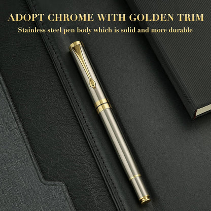 BEILUNER Ballpoint Pens, Stunning Black Chrome Metal Pen with Golden Trim, Best Ball Pen Gift Set for Men & Women, Professional, Executive, Office, Nice Pens-Gift Box with 0.5mm Black Extra Refill