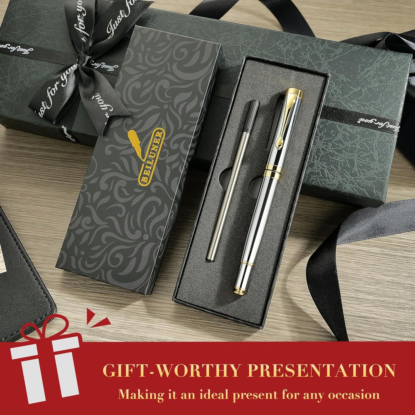 BEILUNER Ballpoint Pens, Stunning Black Chrome Metal Pen with Golden Trim, Best Ball Pen Gift Set for Men & Women, Professional, Executive, Office, Nice Pens-Gift Box with 0.5mm Black Extra Refill