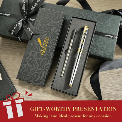 BEILUNER Ballpoint Pens, Stunning Black Chrome Metal Pen with Golden Trim, Best Ball Pen Gift Set for Men & Women, Professional, Executive, Office, Nice Pens-Gift Box with 0.5mm Black Extra Refill