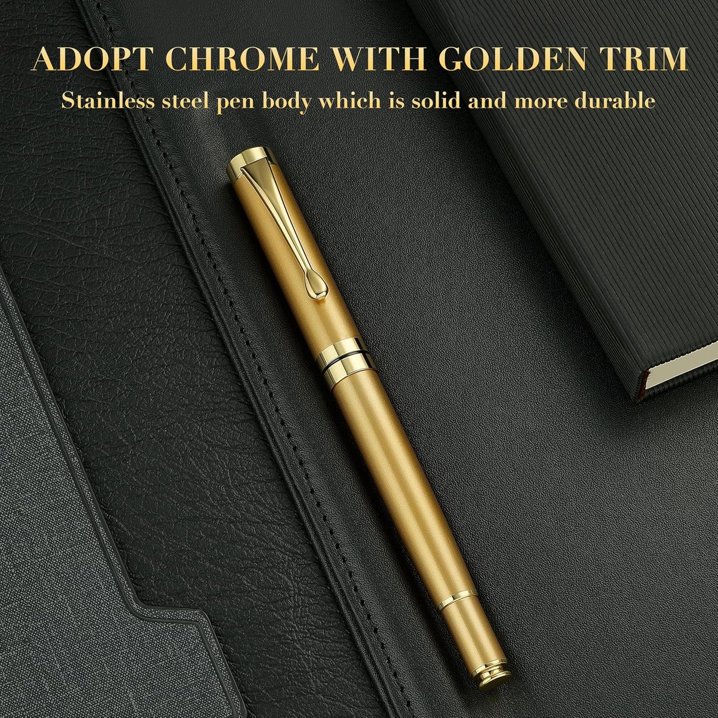 BEILUNER Ballpoint Pens, Stunning Black Chrome Metal Pen with Golden Trim, Best Ball Pen Gift Set for Men & Women, Professional, Executive, Office, Nice Pens-Gift Box with 0.5mm Black Extra Refill
