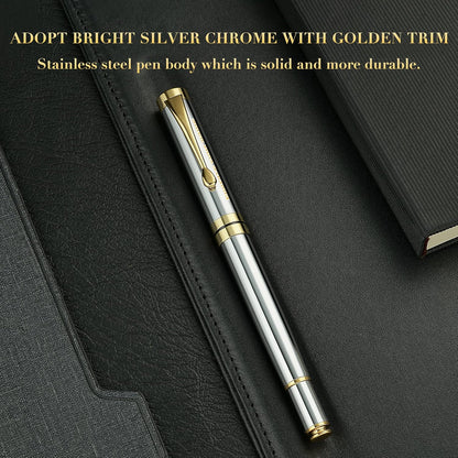 BEILUNER Ballpoint Pens, Stunning Black Chrome Metal Pen with Golden Trim, Best Ball Pen Gift Set for Men & Women, Professional, Executive, Office, Nice Pens-Gift Box with 0.5mm Black Extra Refill