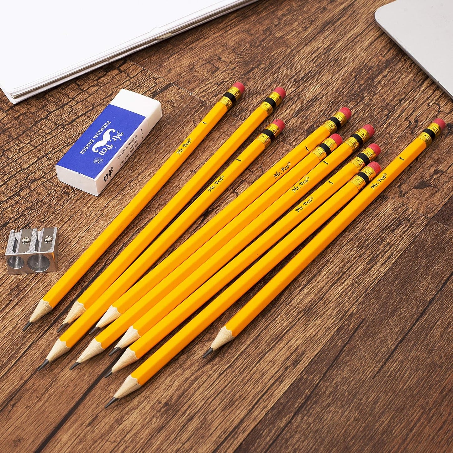 Mr. Pen- Pre-sharpened #2 HB Pencils, 12 Pack, Double-Hole Metal Sharpener, Vinyl Eraser, 2 Pencils with Erasers for Kids, Students, School Supplies