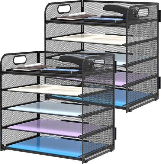 Supeasy 5 Trays Paper Organizer Letter Tray with Handle-Mesh Desk File Holders, Paper Sorter Desk Organizer for Office, Home, Classroom or School