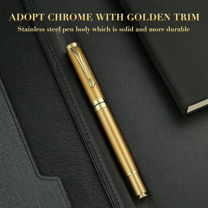 BEILUNER Ballpoint Pens, Stunning Black Chrome Metal Pen with Golden Trim, Best Ball Pen Gift Set for Men & Women, Professional, Executive, Office, Nice Pens-Gift Box with 0.5mm Black Extra Refill