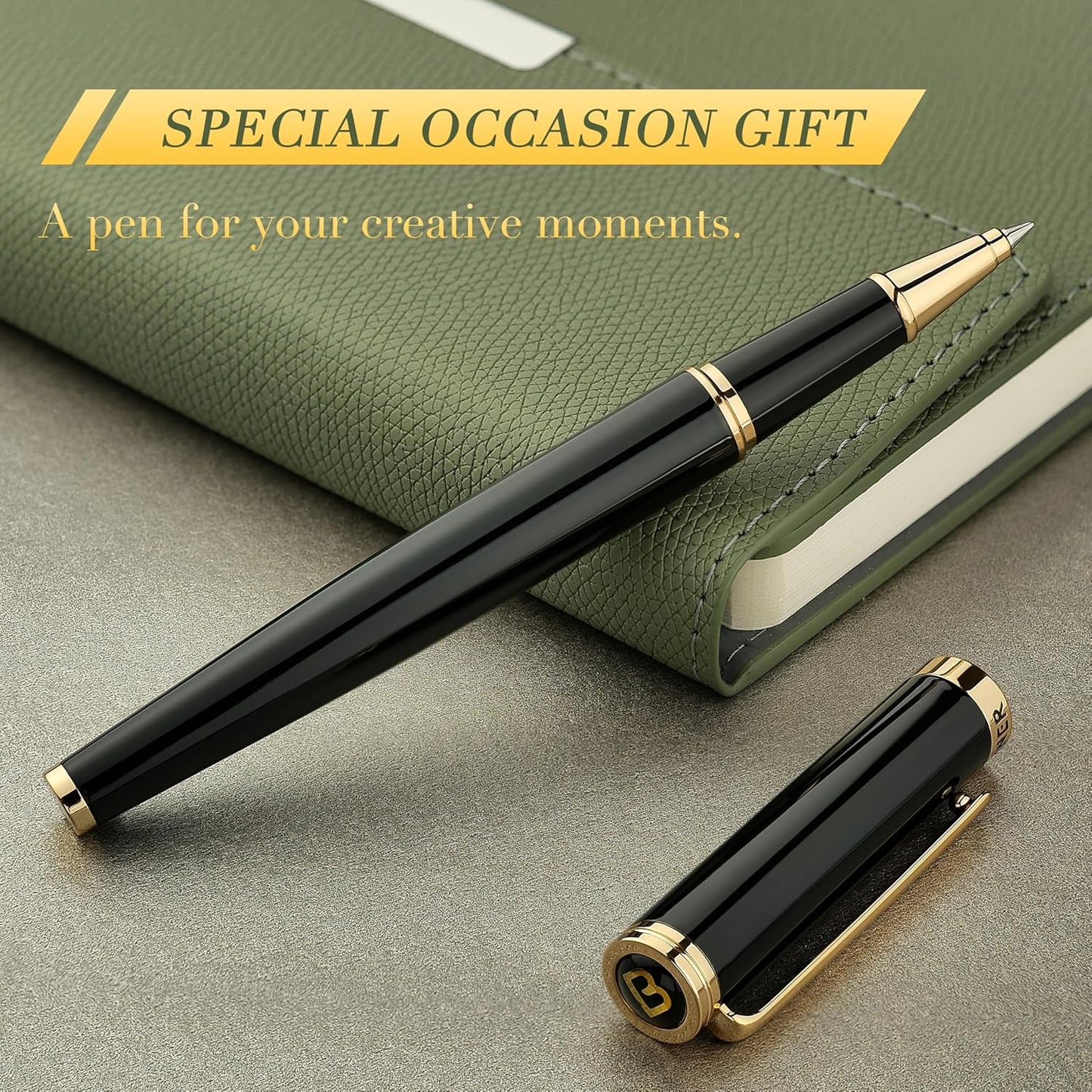 BEILUNER Luxury Rollerball Pen, Stunning Green Lacquer with 24K Gold Trim,Noble and Elegant Designs,Schneider Ink Refill, Best Gift Set for Men & Women, Refillable, Executive Writing, Nice Pens