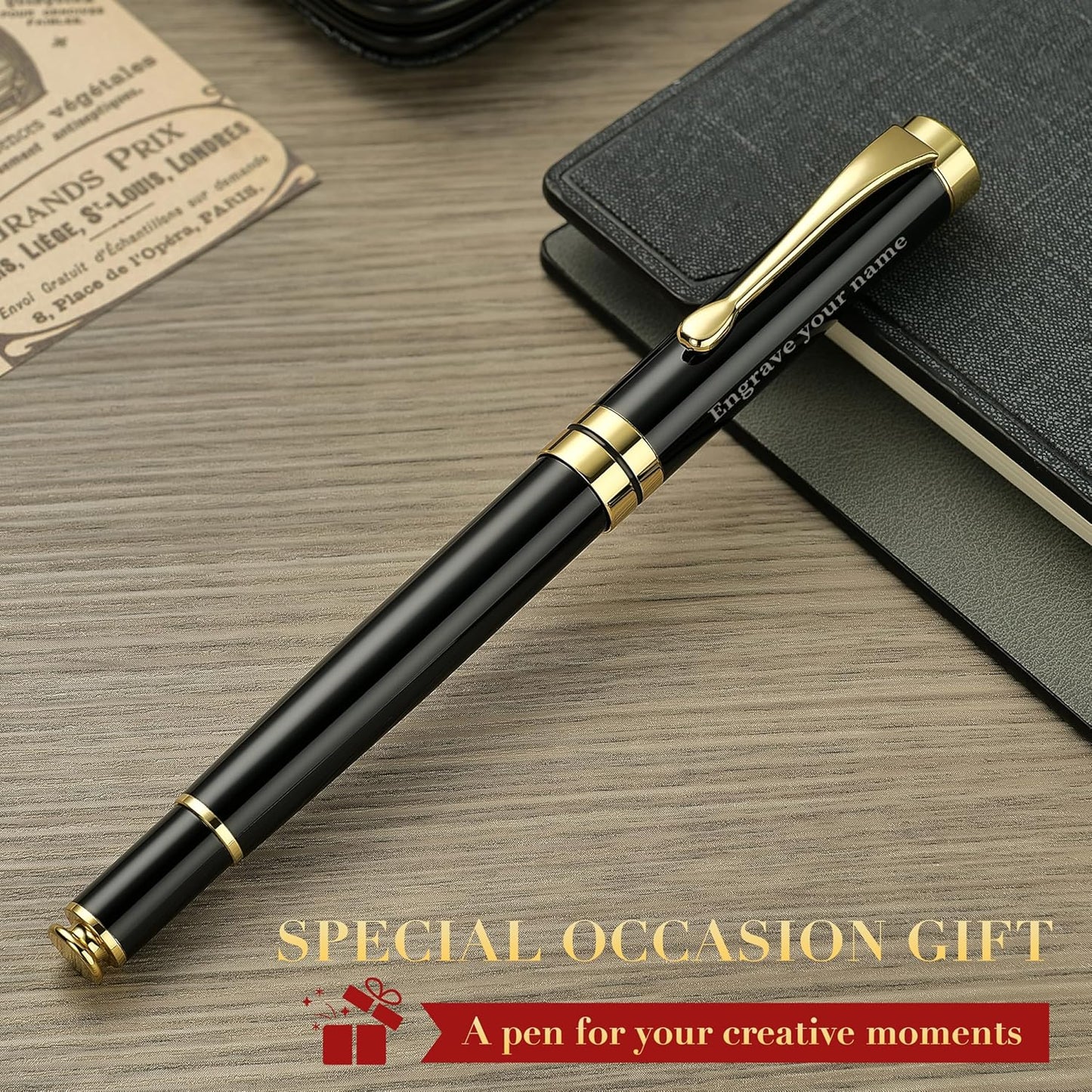 BEILUNER Ballpoint Pens, Stunning Black Chrome Metal Pen with Golden Trim, Best Ball Pen Gift Set for Men & Women, Professional, Executive, Office, Nice Pens-Gift Box with 0.5mm Black Extra Refill