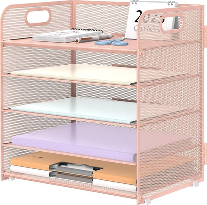 Supeasy 5 Trays Paper Organizer Letter Tray with Handle-Mesh Desk File Holders, Paper Sorter Desk Organizer for Office, Home, Classroom or School