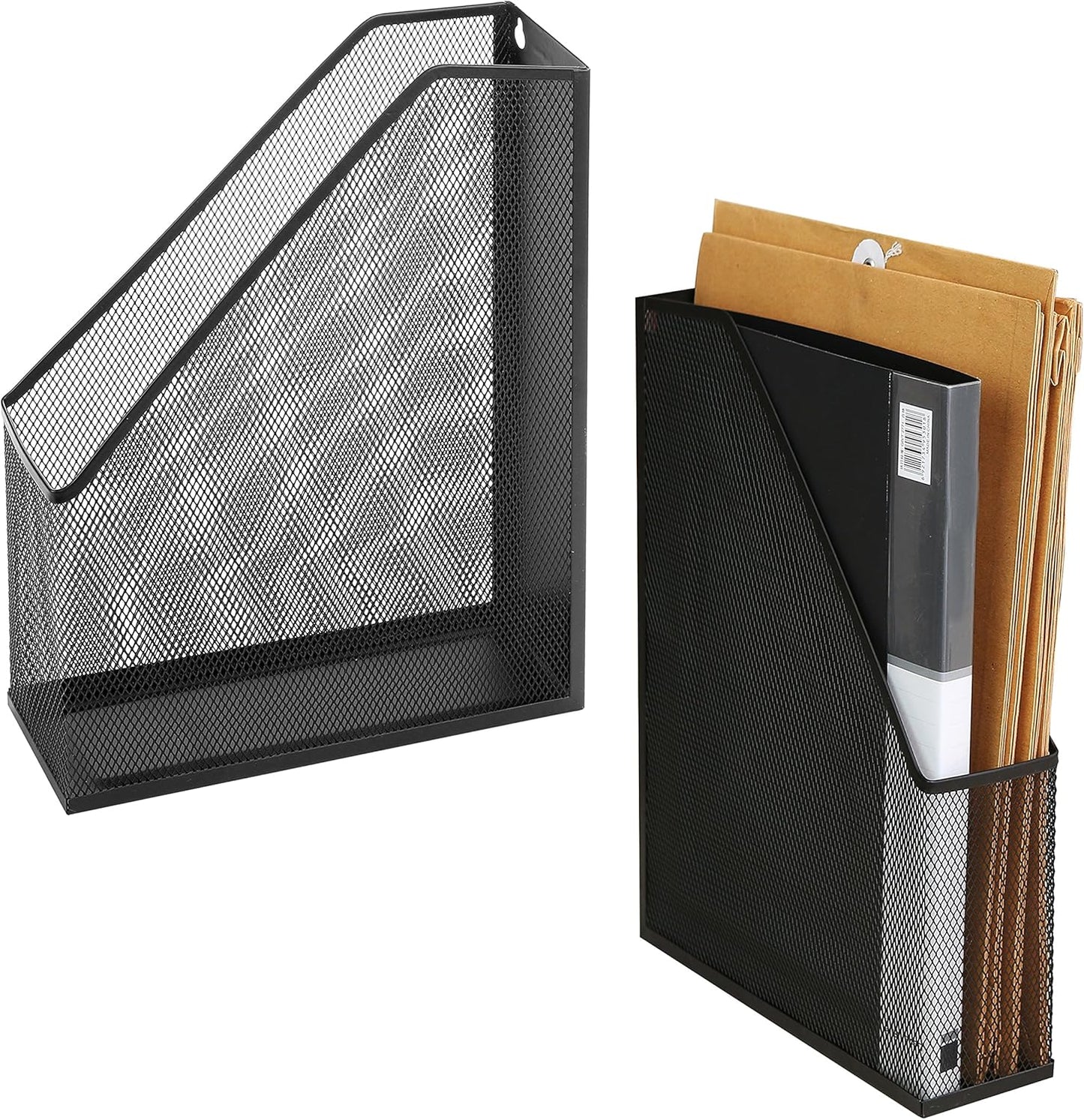MyGift Wire Mesh Wall Mounted or Freestanding Document Rack, Magazine and File Holder, Set of 2, Black