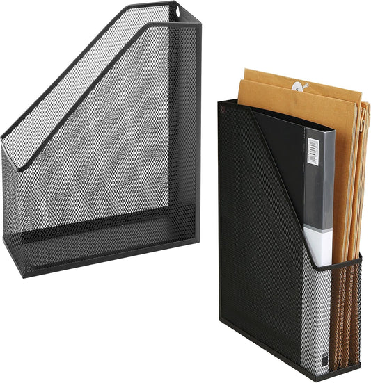 MyGift Wire Mesh Wall Mounted or Freestanding Document Rack, Magazine and File Holder, Set of 2, Black