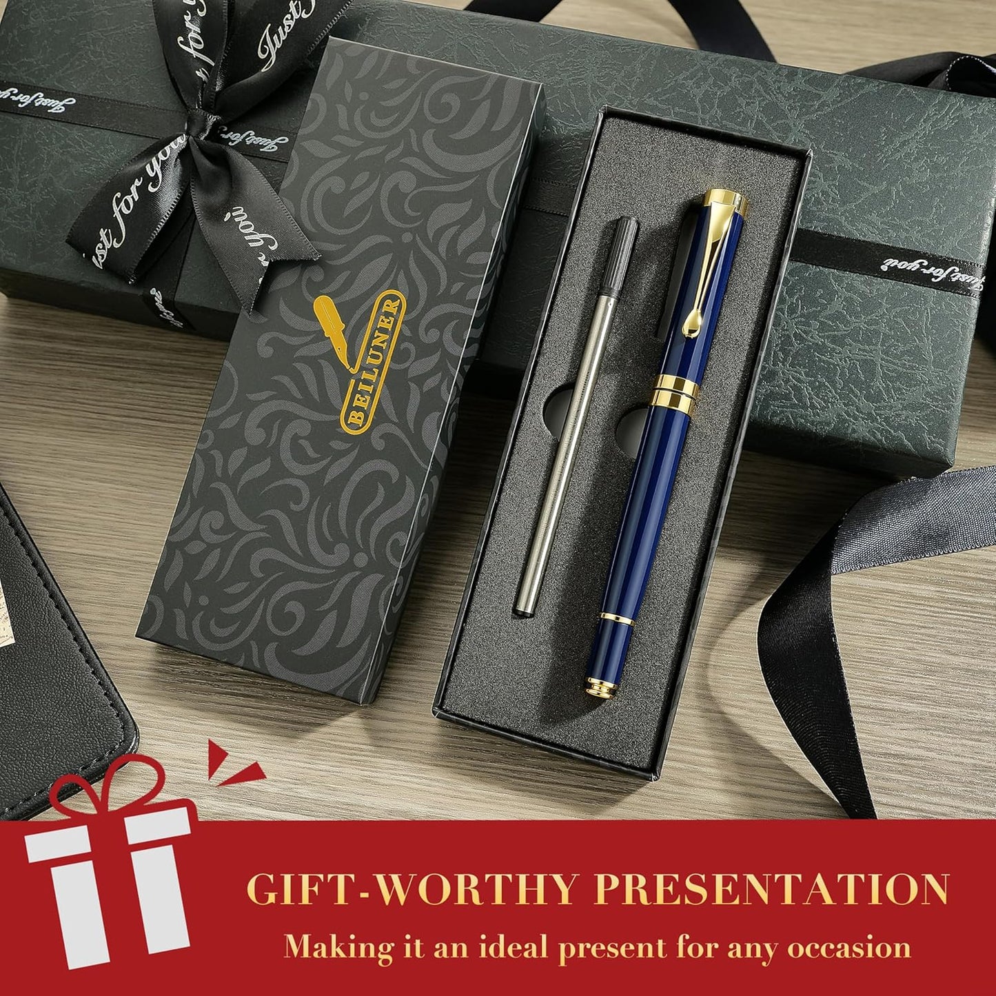 BEILUNER Ballpoint Pens, Stunning Black Chrome Metal Pen with Golden Trim, Best Ball Pen Gift Set for Men & Women, Professional, Executive, Office, Nice Pens-Gift Box with 0.5mm Black Extra Refill