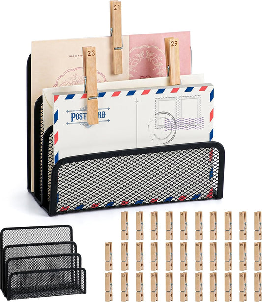 3-Slot Desktop Bill Holder with 32 Numbered Date Clips (1-31) & 1 Blank Wooden Clips Black Metal Mail Sorter Desktop Letter Organizer Vertical Fits Bill Document Filing Folders Paper for Office Home