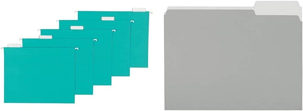 Hanging File Folders, Letter Size, Aqua, 25-Pack and File Folders, Letter Size, 1/3 Cut Tab, Gray, 36-Pack Bundle
