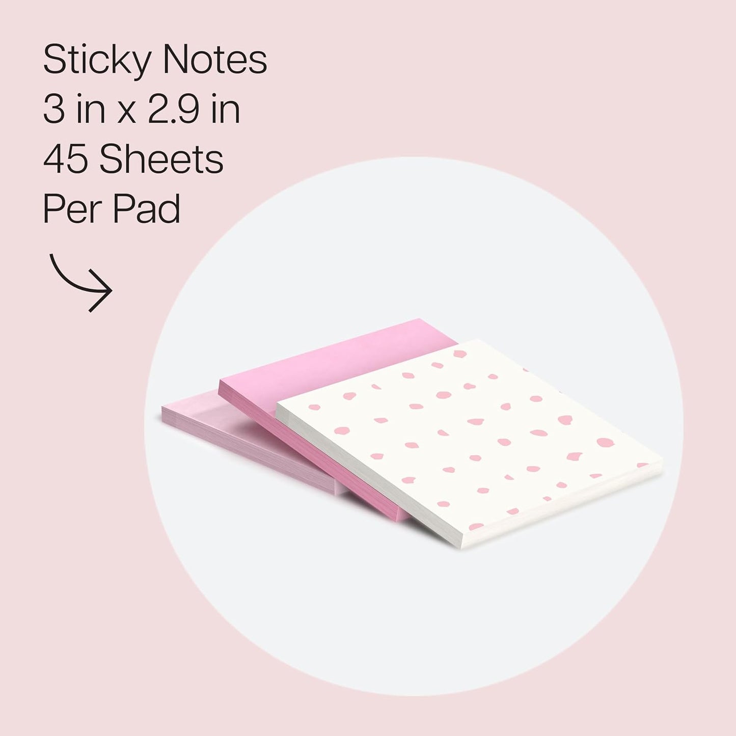 Polished Patterns, 3 x 3 in, 3 Sticky Notes Pads | Bubble Blush Design Featuring 1 Dot Pattern, 1 Positively Pink, and 1 Pink Salt Sticky Note Pad, 45 Sheets per Pad