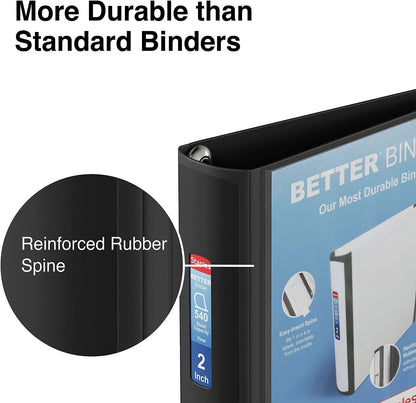 2-Inch 3-Ring Better Binder, Durable View Binder for Office & School Storage, Black, 2-Pack