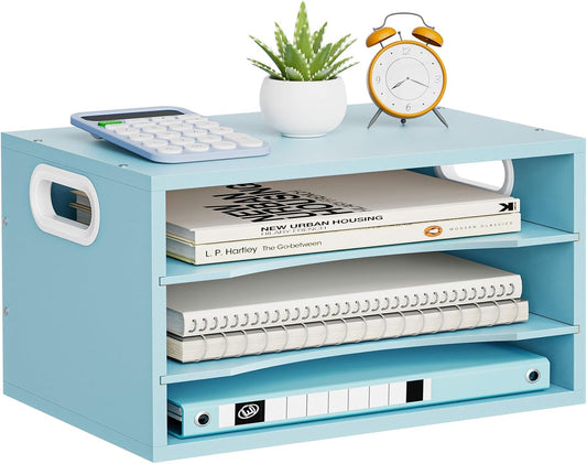 3-Tier Wood Desk Organizer, Paper Letter Tray Organizer for Desk, Wooden Desktop File Organizer with Handle and Paper Sorter Mail Holder for Office School & Home Supplies Organization-Blue