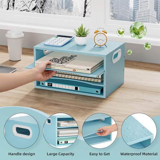 3-Tier Wood Desk Organizer, Paper Letter Tray Organizer for Desk, Wooden Desktop File Organizer with Handle and Paper Sorter Mail Holder for Office School & Home Supplies Organization-Blue