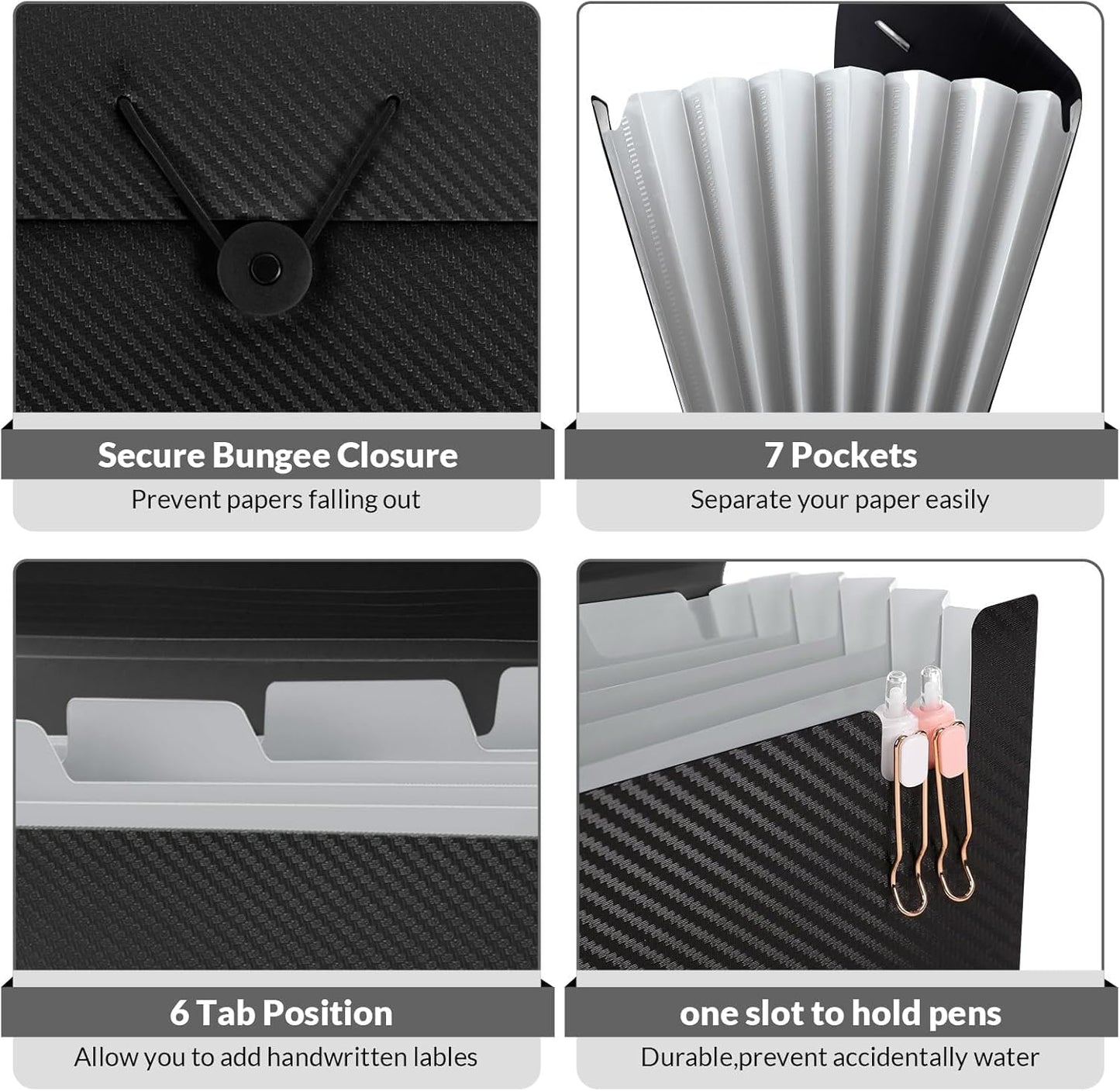Expanding File Folder with 7 Pockets, Accordion File Organizer, Folders for Documents, Portable Receipt Paper Organizer, Letter Size Filing Folder School Office Supplies, Black