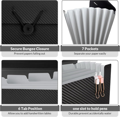 Expanding File Folder with 7 Pockets, Accordion File Organizer, Folders for Documents, Portable Receipt Paper Organizer, Letter Size Filing Folder School Office Supplies, Black