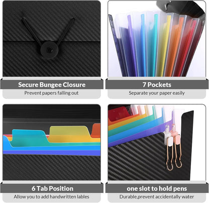 Expanding File Folder with 7 Pockets, Accordion File Organizer, Folders for Documents, Portable Receipt Paper Organizer, Letter Size Filing Folder School Office Supplies, Black