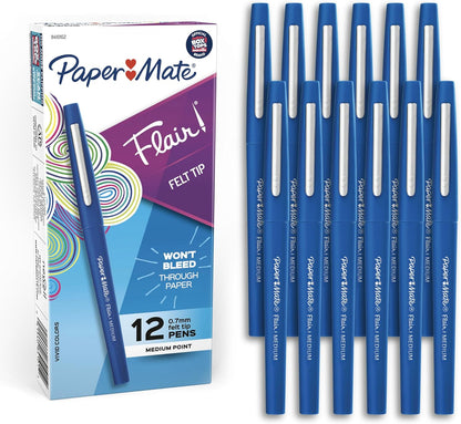 Flair Felt Tip Pens, Medium Point (0.7mm), Blue, 12 Count - Teacher Supplies, Arts & Crafts, Back to School