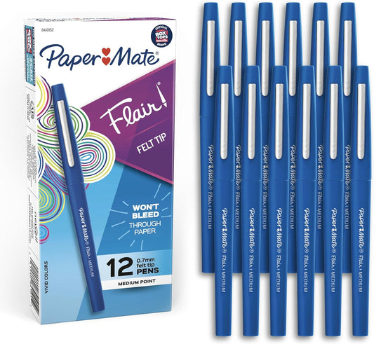 Flair Felt Tip Pens, Medium Point (0.7mm), Blue, 12 Count - Teacher Supplies, Arts & Crafts, Back to School