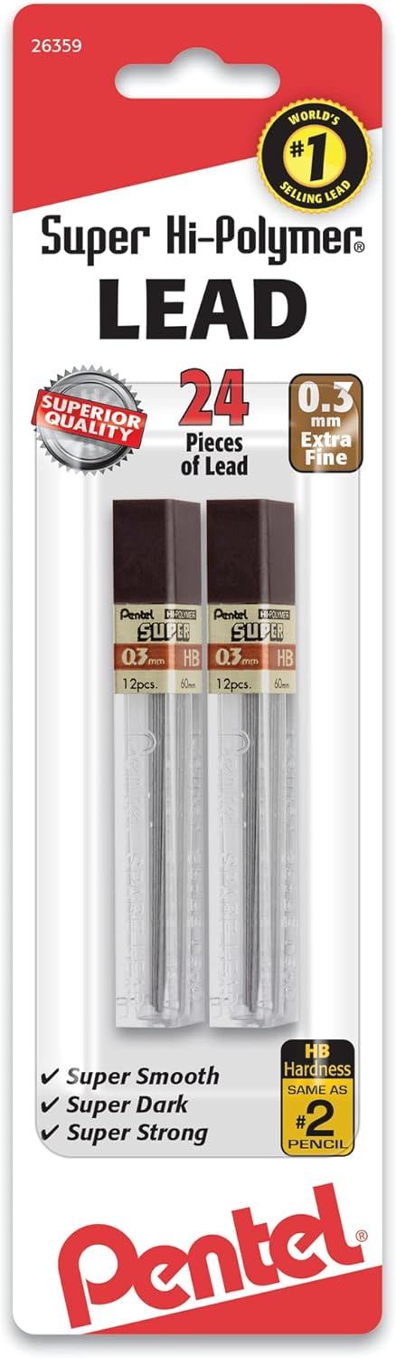 Pentel® Super Hi-Polymer® Leads, 0.3 mm, HB, 24 Leads Per Tube