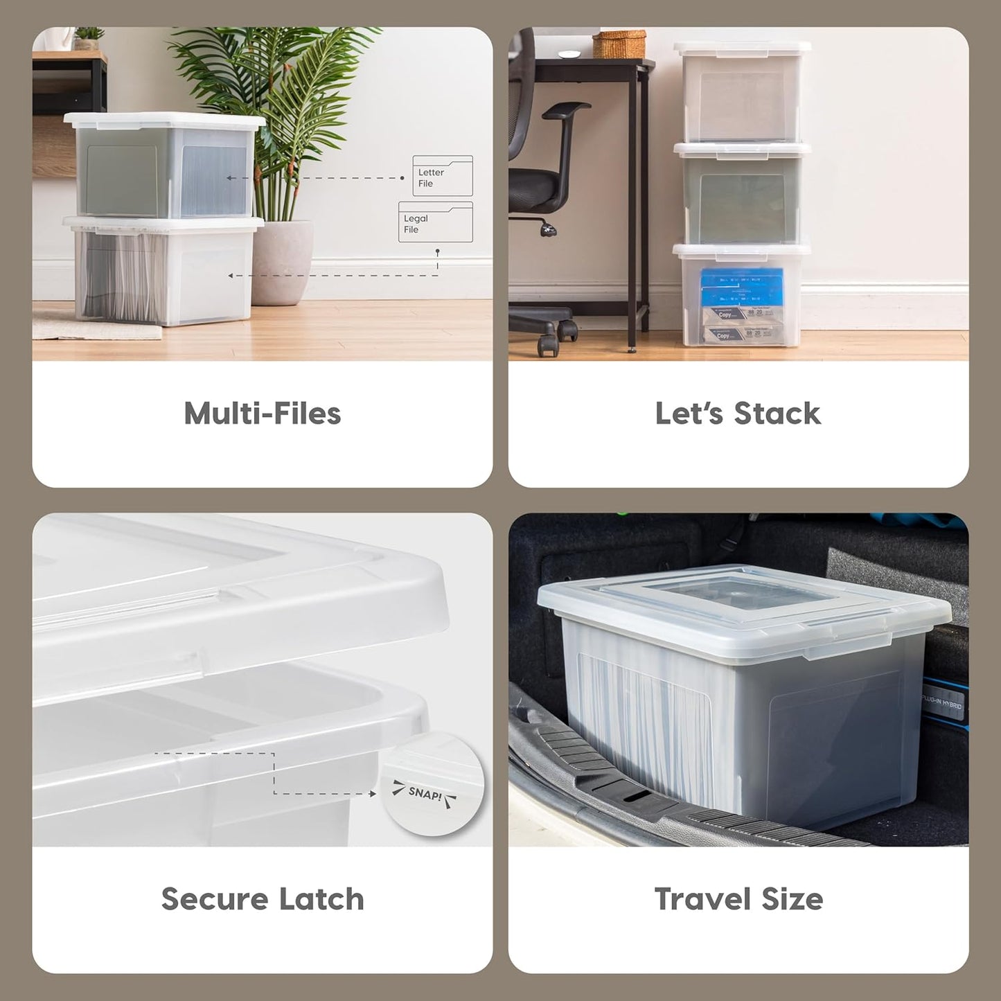 File Box, Plastic File Organizer with Lids for Letter/Legal File, Portable Document Box For Moving, Storage Bin with Durable and Secure Lid, Stackable Nestable BPA-Free, Clear 35 Qt. 8 Pack