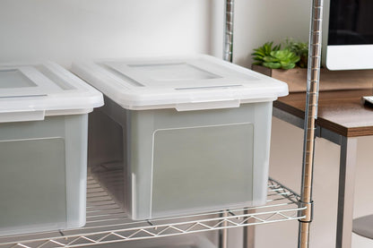 File Box, Plastic File Organizer with Lids for Letter/Legal File, Portable Document Box For Moving, Storage Bin with Durable and Secure Lid, Stackable Nestable BPA-Free, Clear 35 Qt. 8 Pack