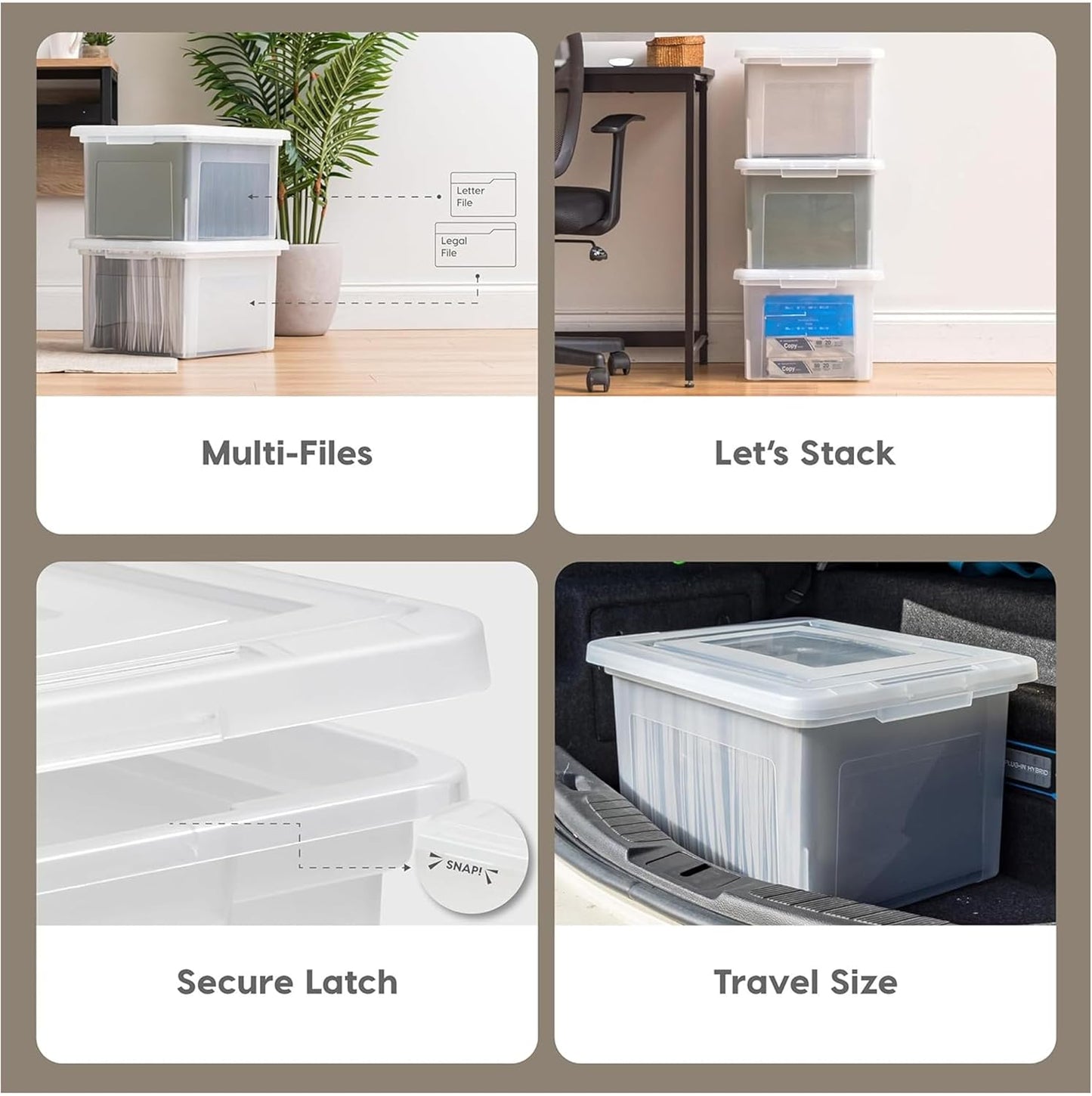 File Box, Plastic File Organizer with Lids for Letter/Legal File, Portable Document Box For Moving, Storage Bin with Durable and Secure Lid, Stackable Nestable BPA-Free, Clear 35 Qt. 8 Pack