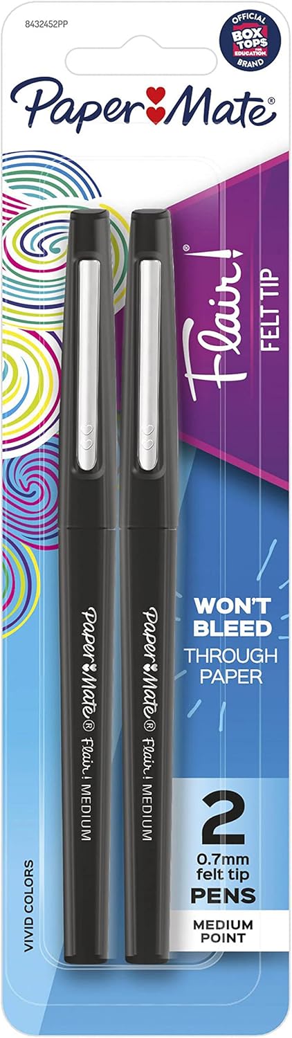 Flair Felt Tip Pens, Medium Point (0.7mm), Black, 2 Count