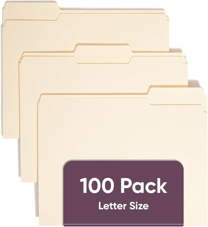 File Folders Letter Sized, 1/3-Cut Tab, Assorted Positions, Letter Size Manila Folders, 100 Per Box (10330)
