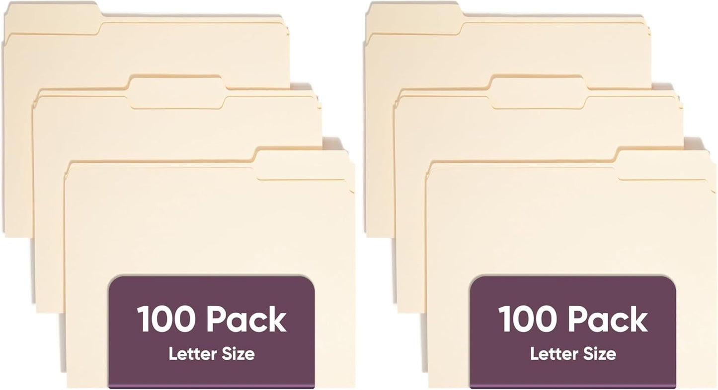 File Folders Letter Sized, 1/3-Cut Tab, Assorted Positions, Letter Size Manila Folders, 100 Per Box (10330)