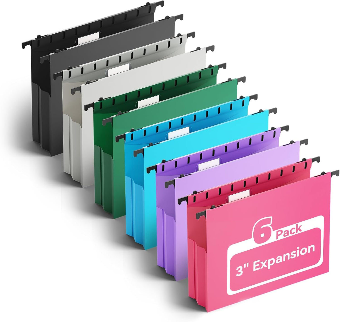 Plastic Hanging File Folders Letter Size, 3 inch Hanging Folders for Filing Cabniet, 6 Pack File Folders with Tabs, Hanging File Folder Organizers for School Office Home - Assorted Colors